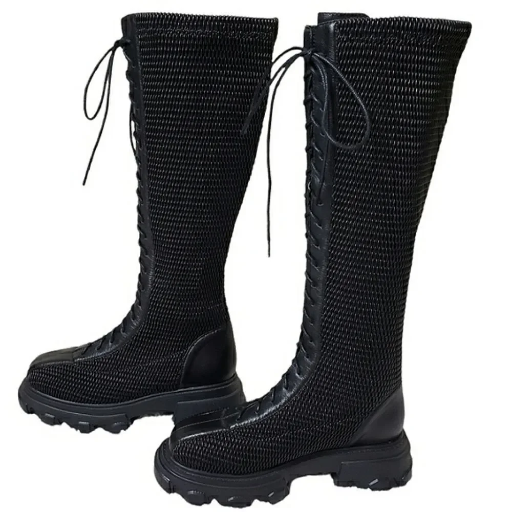 NWOT Front Lace-Up Woven Stretchy Platform Alternative Punk Goth Edgy Boots